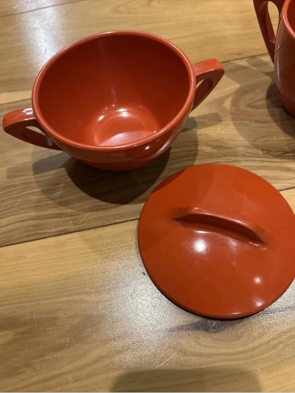 Mid Century Modern Red Melamine  Sugar Bowl and Creamer Set Made By Prolon Ware